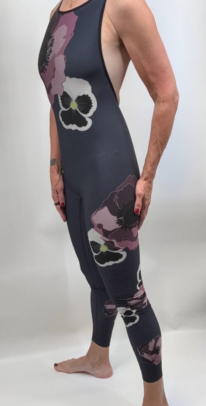 Ultracor Unitard Jumpsuit Small Poppy Pansy Floral Open Back Charcoal NWOT